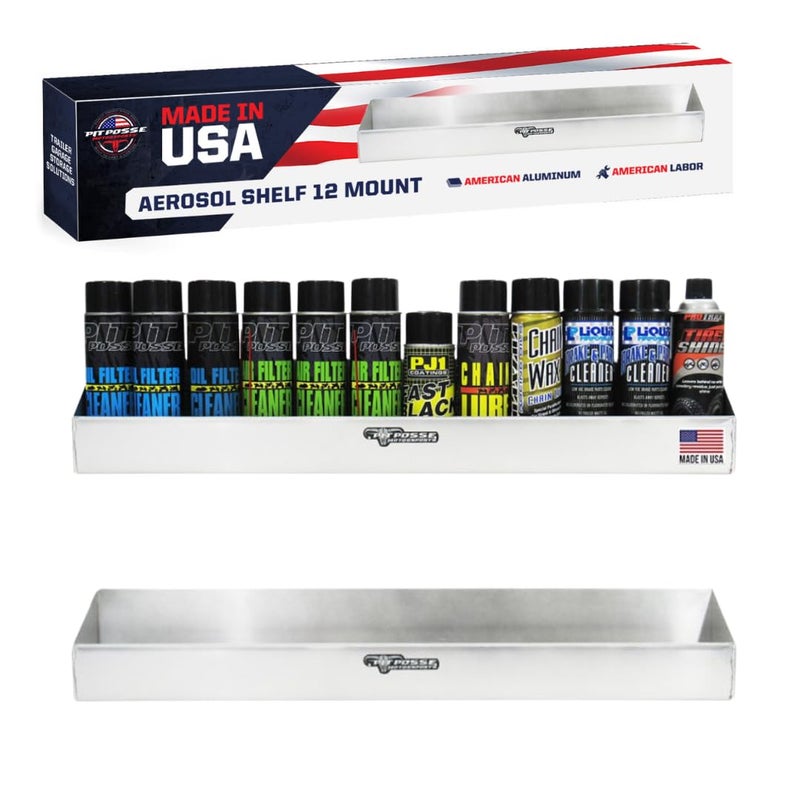 Pit Posse 455 Twelve Bottle Aerosol Spray Can Rack Shelf Holder 32" Oil Caddy Made in USA-Garage Enclosed Race Trailer Automotive Mechanics Shop Storage Organizer Aluminum - Universal Mounting - Image 1